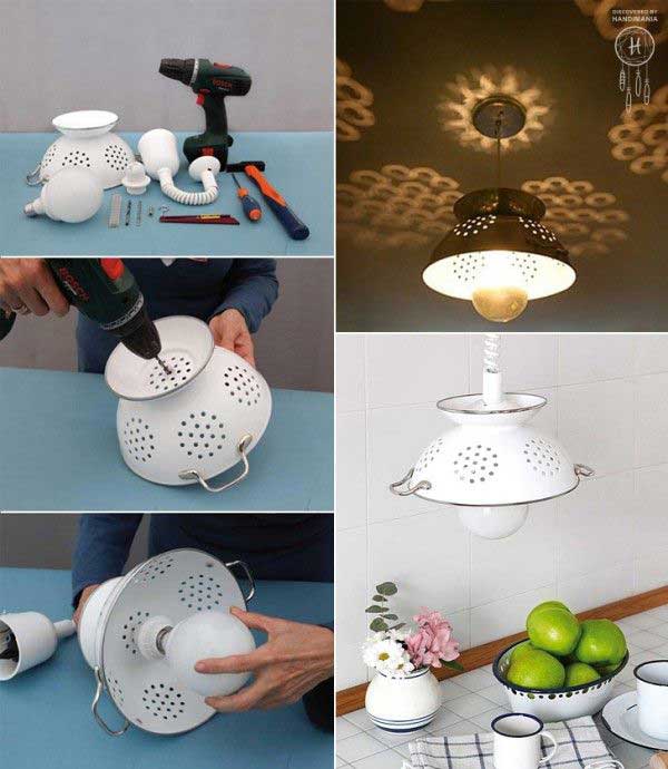 Turn an old metal colander into a kitchen light fixture.