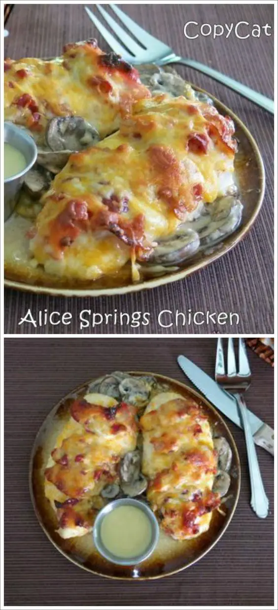 Outback Alice Springs Chicken Copycat Recipe - the chicken, the cheese and the BACON!  Outback