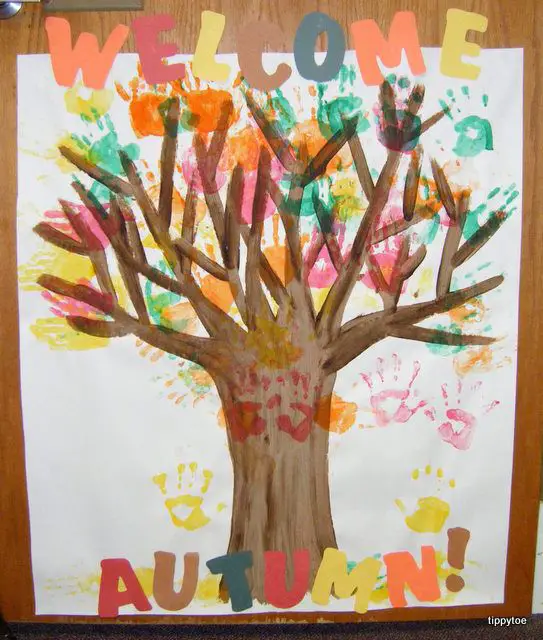 Easy Fall Craft for Kids Idea for the Classroom - Fun Hand print Autumn tree with students hand prints as leaves.  Fall Crafts For Kids of All Ages - Fun and Easy Fall Crafts and Craft Projects for Kids to Make
