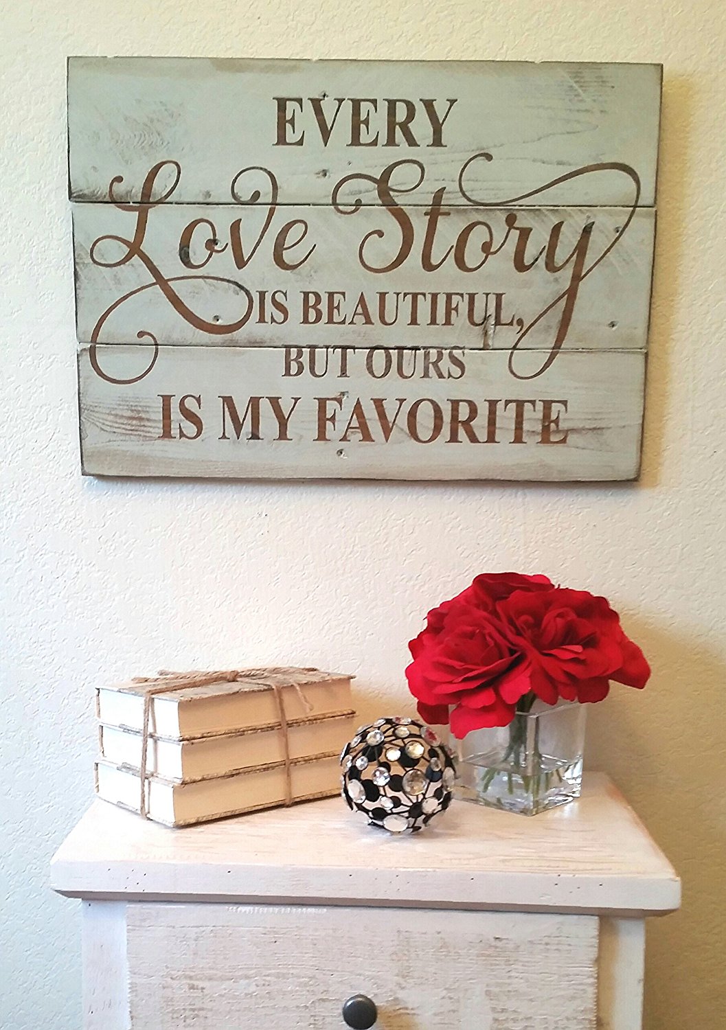 Love story quote wall hanging - cute for a rustic / shabby chic style bedroom or any room - diy rustic decor idea