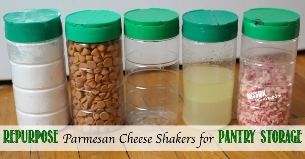 Use old parmesan cheese shakers into useful kitchen containers for storage