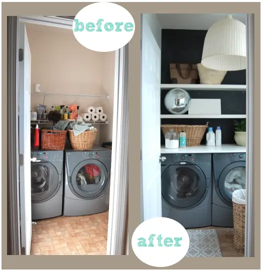 Small Laundry Room Ideas - Cheap tiny laundry room make over.  Some shelves, paint, and good organization really turned this small laundry area around into a useful (and beautiful) space.