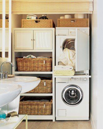 Tiny Laundry Room? A stackable washer and dryer mixed with lots of baskets and shelves makes for a great small laundry room DIY space saving layout.