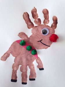 DIY Christmas Crafts for Kids - Handprint reindeer finger painting idea.