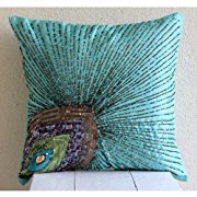 Peacock Grace - 14x14 inches Decorative Pillow Covers - Silk Pillow Cover with Sequins & Beads