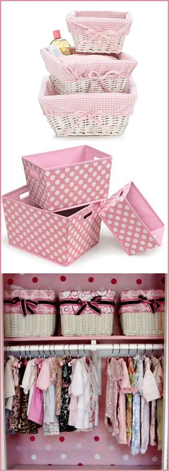 pink and white wicker baskets to organize nursery closet