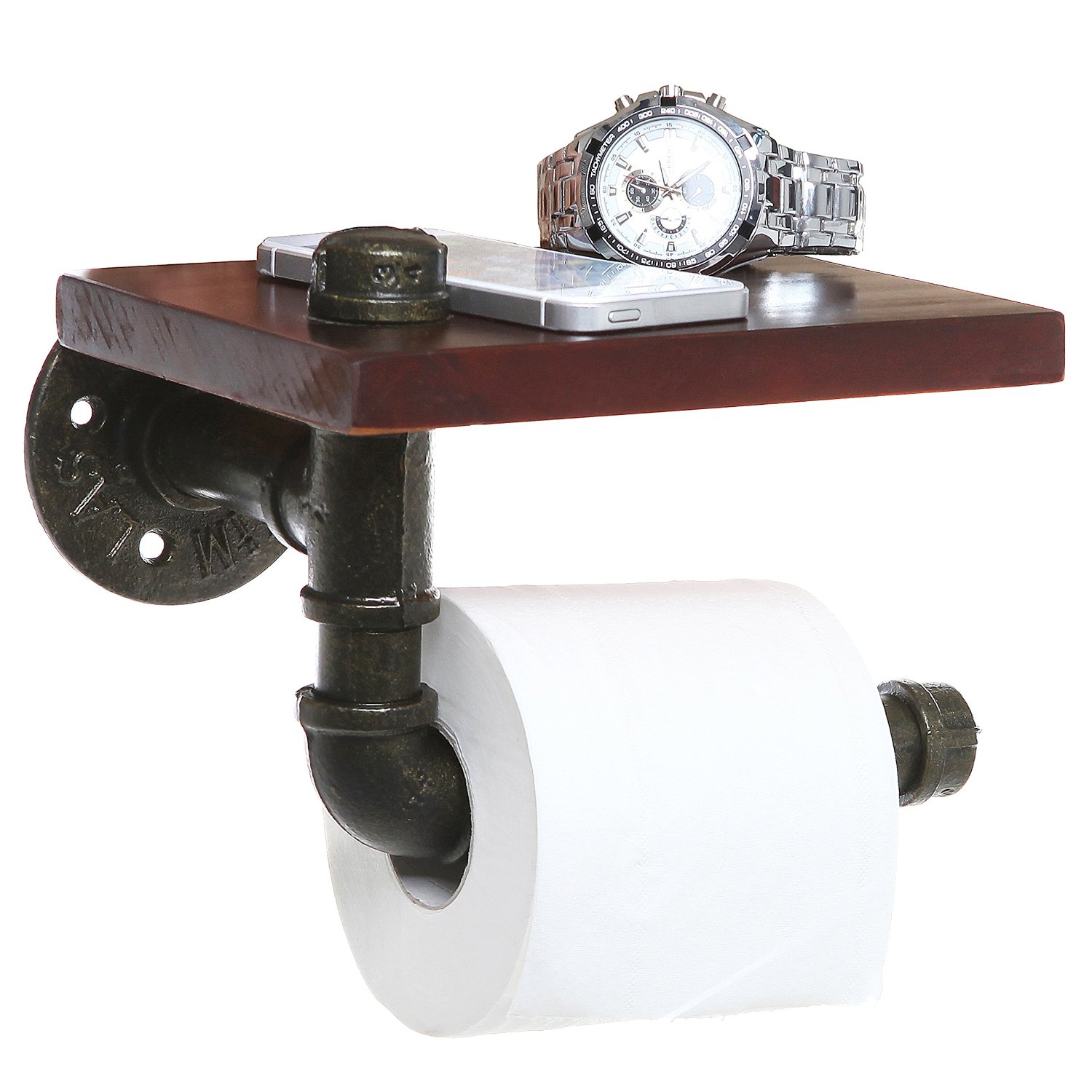 Love this rustic pipe shelf toilet paper holder... such a smart idea for the bathroom!