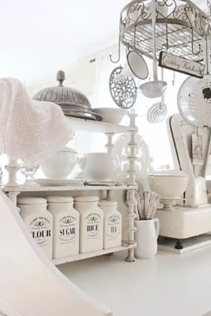 farmhouse canisters for a vintage country farmhouse kitchen - Stunning French white country kitchen with a shabby chic flair - farmhouse kitchen canisters