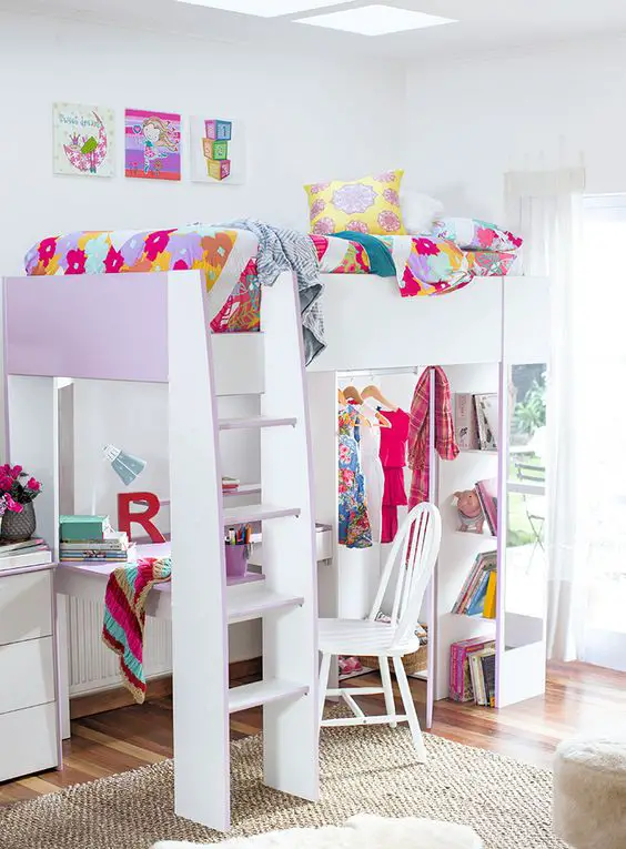 Space saving loft bed idea for a little girl's bedroom - great idea for a small bedroom #littlegirlsroom #bedroom #bedroomideas #bedroomdecor #diyhomedecor #homedecorideas #diyroomdecor #littlegirl #toddlergirlbedroomideas #toddler #diybedroomideas #pinkbedroomideas