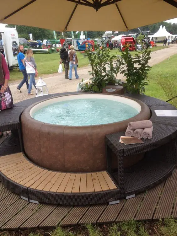 perfect set up for a backyard patio deck inflatable hot tub!  These Lazy Spa hot tubs are so wonderful to have!