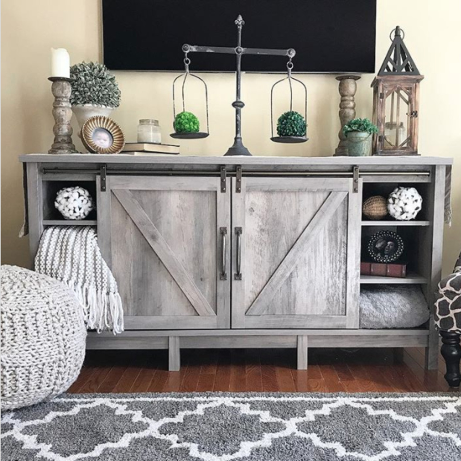 Stunning farmhouse rustic living room idea - love this rustic cabinet for the living room