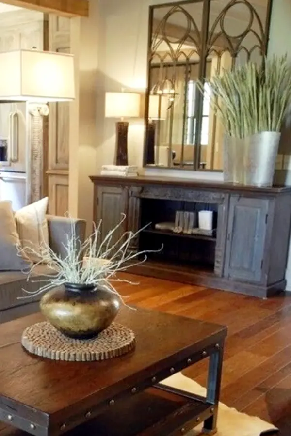 Rustic farmhouse foyer table or living room table furniture piece - love it and LOVE the big mirror too