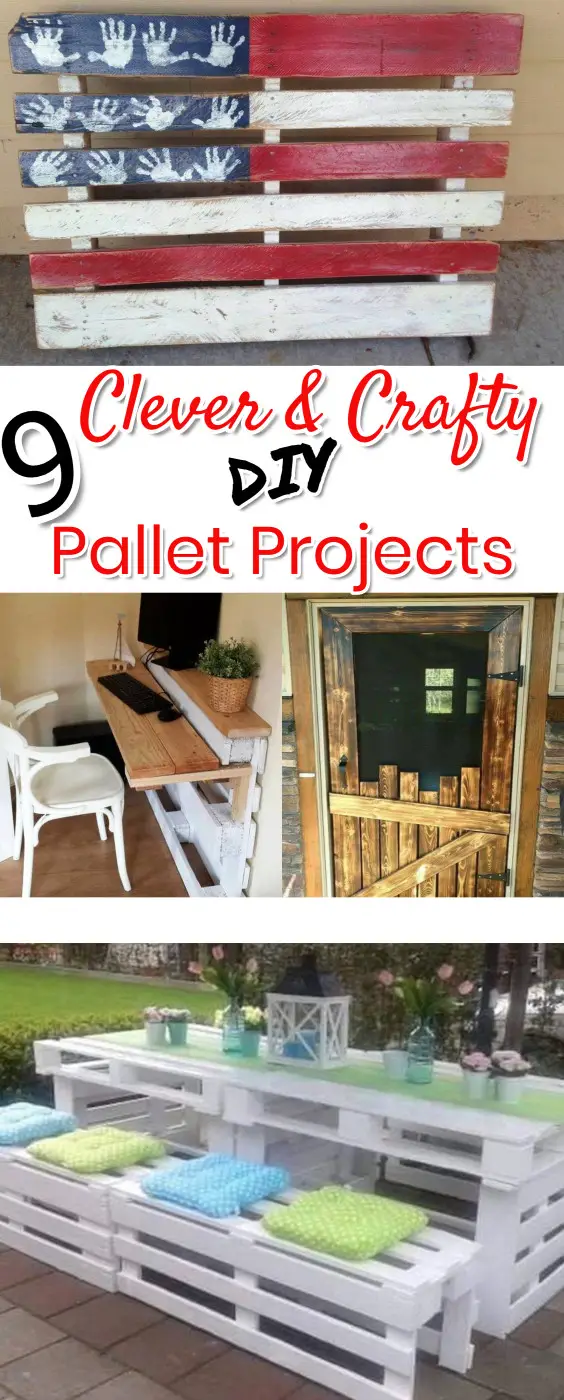 Pallet Projects! Such cute and UNIQUE Do It Yourself ideas of things to make with old pallet wood!  Love the DIY flag made with an old pallet and the scarecrow.  The DIY pallet wood desk is pretty clever too.  DIY pallet projects and crafts ideas.