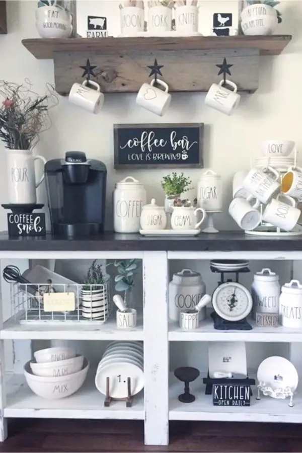 Coffee Bar Ideas and Kitchen Coffee Station Ideas - Our favorite kitchen decorating ideas for a farmhouse kitchen are these coffee bar ideas for setting up a coffee station or coffee nook on your countertop or a coffee cart beverage station. Easy DIY coffee bars in kitchen pictures and ideas. Make a cheap and easy accent area even in small kitchens.
