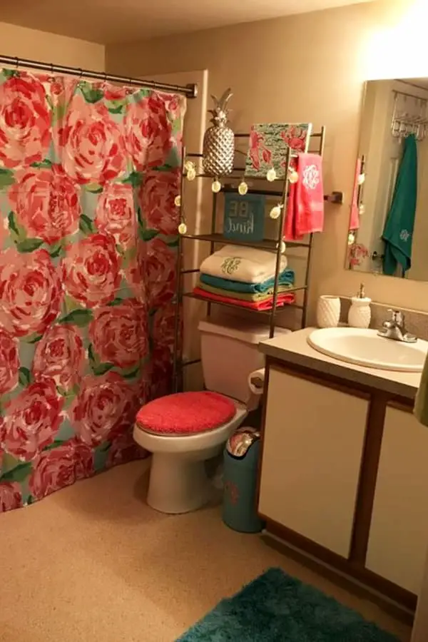 Dorm bathroom decor ideas - small college apartment bathroom decorated with all essentials organized