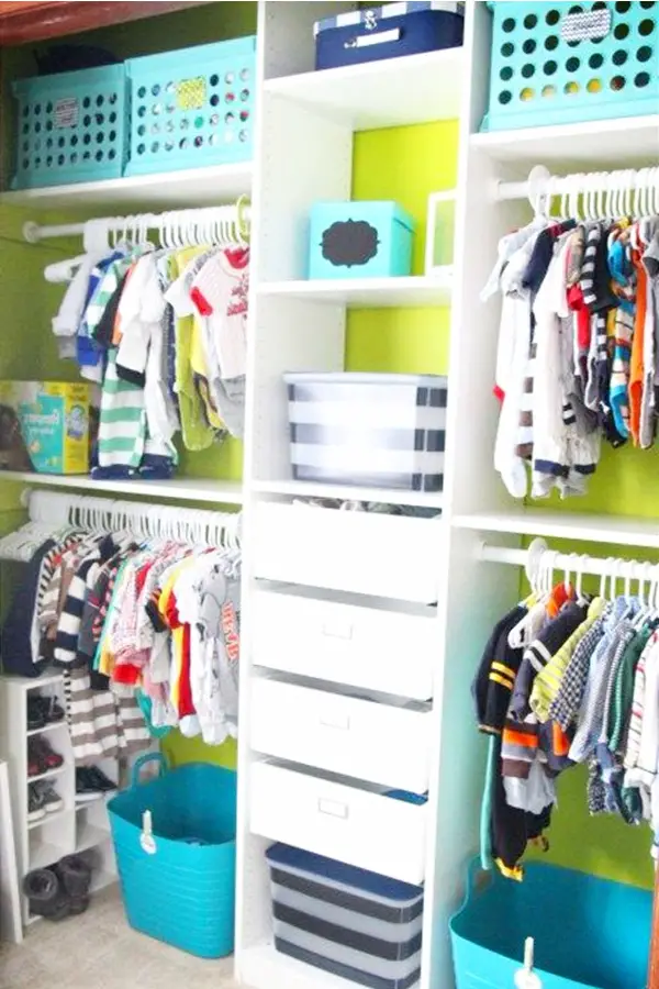 Baby Boy Nursery Closet Idea - this closet design is better for a longer closet (like the kids with bi-fold doors) - great organization and use of blues and greens.