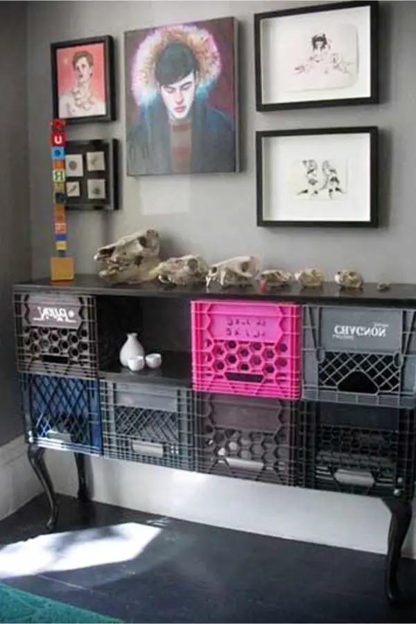 Turn old milk crates into a foyer table