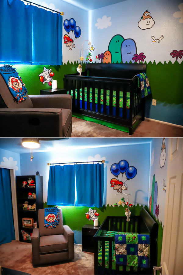 baby boy nursery theme ideas for small spaces - this unique baby boy room is a cartoon theme with bright primary colors and creative DIY wall decor - perfect abby boy room ideas for small spaces