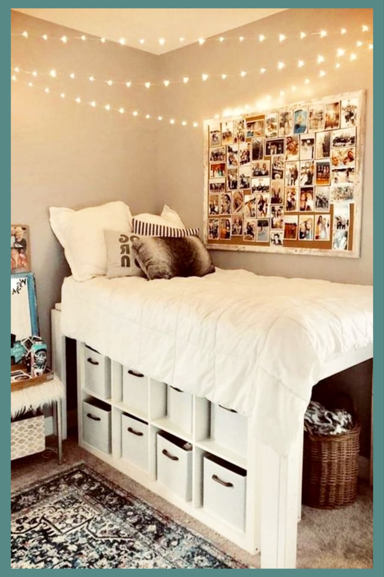 Cute dorm room ideas!  I like the storage area under the dorm room loft bed!