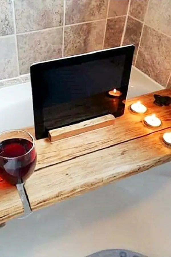Bathub Shelf for wine, candles and ipad from old rustic wood shutter - Easy DIY Rustic Home Decor Ideas on a Budget