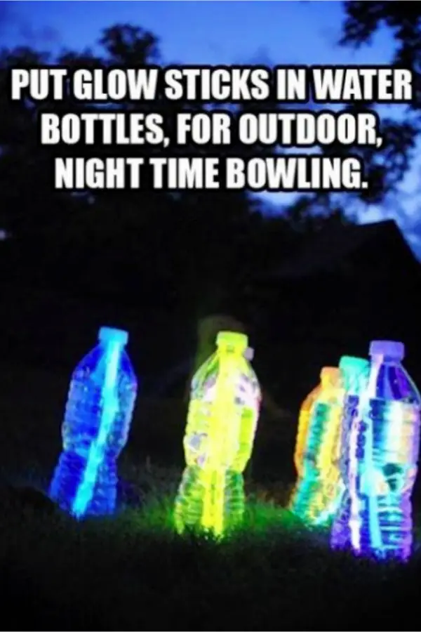 Fun and EASY Summer Activities for Kids - put glow sticks in waters bottles for nighttime outdoor bowling or just for glow in the dark fun.  Cute party idea too!
