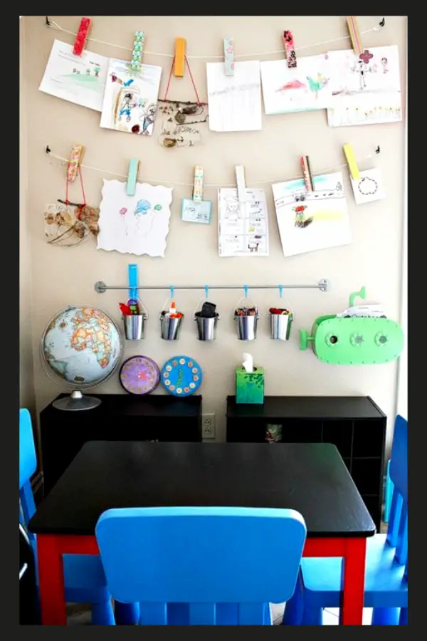 Kids artwork display ideas - craft, homework and art display wall ideas set up as a homework station