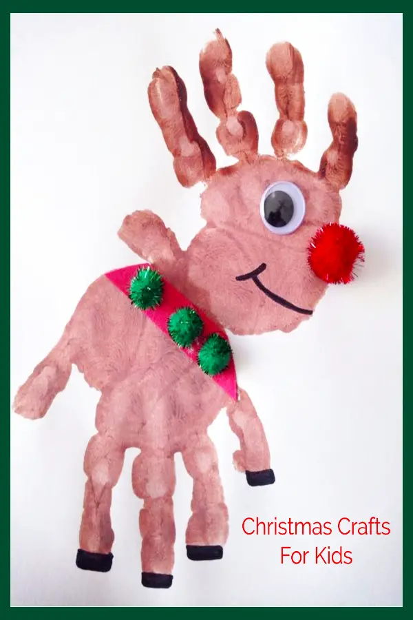 DIY Christmas Crafts and craft projects for Kids - Handprint reindeer finger painting idea.