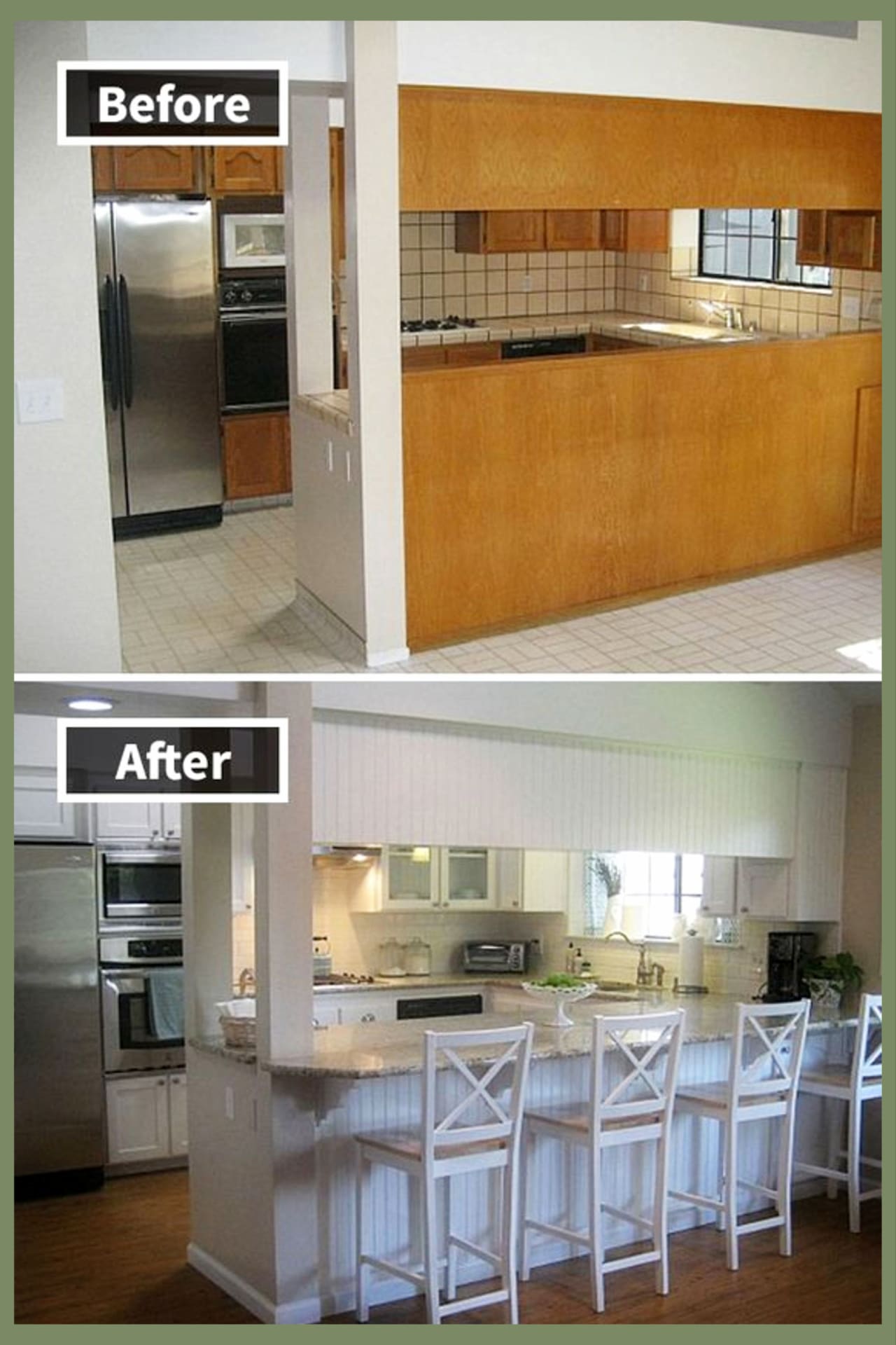 Before and AFTER!  Small kitchen remodel ideas on a budget to makeover and remodel a tiny fixer upper kitchen in farmhouse country kitchen style