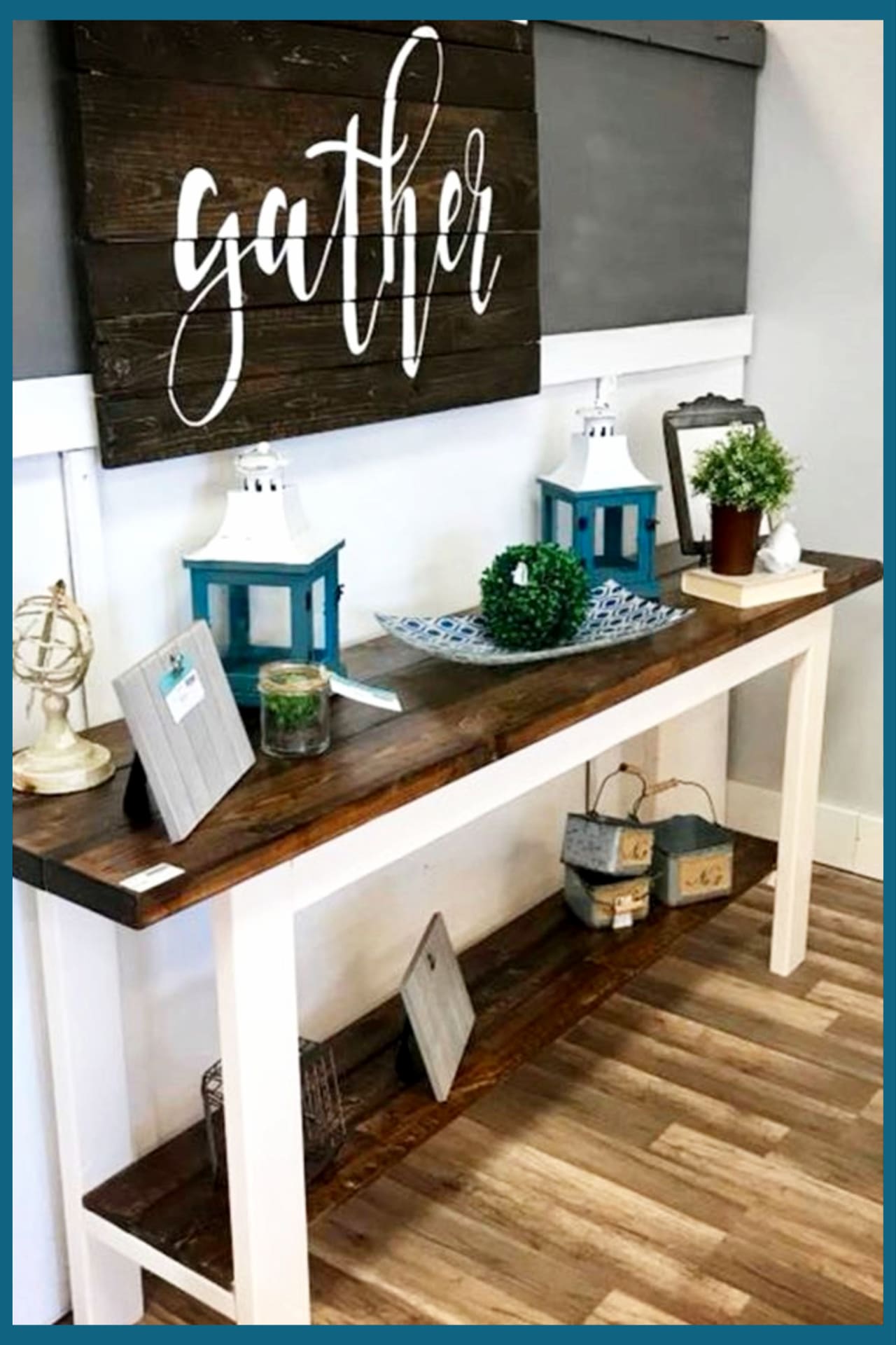 Foyer decorating ideas - small farmhouse foyer with entryway table, pallet gather wall decor and farmhouse style