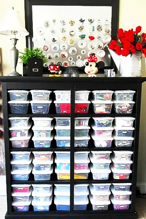 Repurposed Dresser - How to repurpose a dresser without drawers - turn an old dresser onto DIY craft room organization - organizing with baskets and dresser without drawers