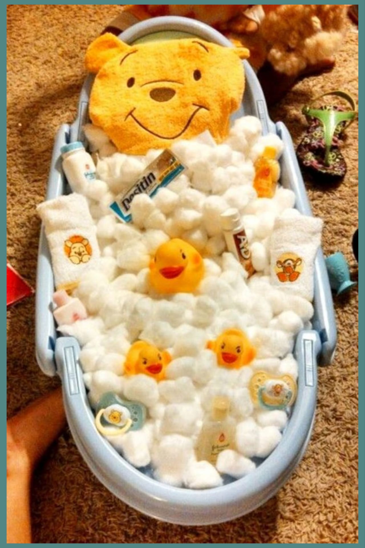 DIY baby shower gifts! Homemade Baby Bathtub Gift Basket shower gift ideas - Baby shower gift ideas on a budget - unique and cheap baby shower gifts to make for girls for boys or for gender unknown (gender neutral) - creative baby basket ideas and winnie the pooh baby shower ideas 