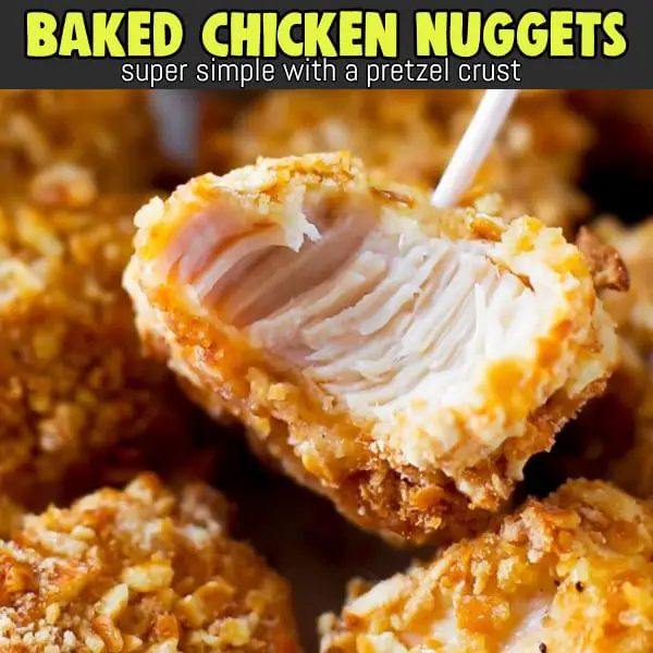 Easy appetizer ideas and recipes for a crowd - Simple chicken party appetizer ideas - BAKED Pretzel coated chicken nuggets - crowd-pleaser easy party appetizer ideas.