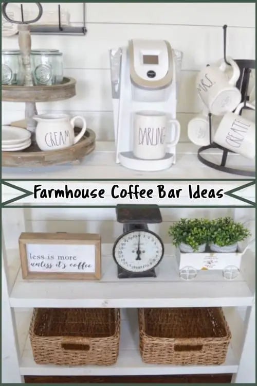 Gorgeous farmhouse style coffee bar ideas for a tea and coffee station set up in country farm style.  See LOTS of PICTURES and ideas for a farmhouse coffee bar at home.  Stunning old farmhouse kitchen decor for decorating on a budget.  See how to set up a coffee bar in your kitchen with these modern farmhouse coffee station accessories, cabinets, tables and more farmhouse coffee bar and coffee nook decor ideas.
