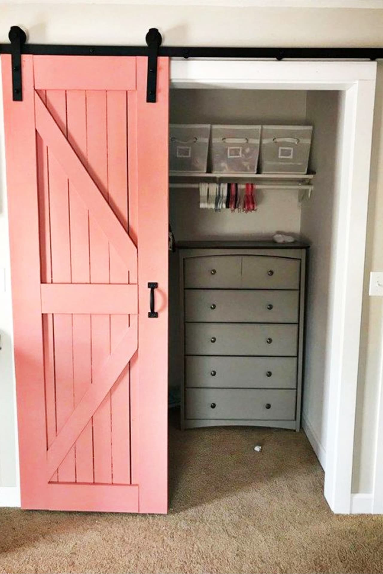 pink and grey nursery ideas - love this nursery closet organization idea with the pink farmhouse sliding barn door!