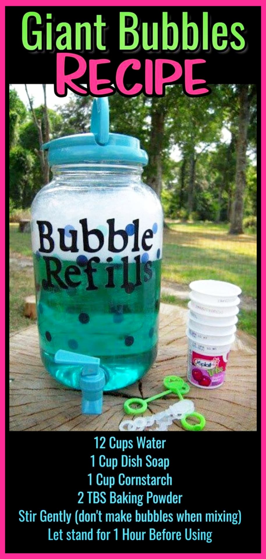 Giant Bubble Recipe! Bubbles recipe for kids - homemade bubbles recipe - how to make giant bubbles recipes and other fun outdoor activities for kids this spring and summer.  This is the BEST bubbles recipe for kids - easy DIY giant bubble recipe to make strong BIG bubbles with dawn dishwashing liquid, corn starch and without glycerin - unpoppable no pop giant bubble recipe