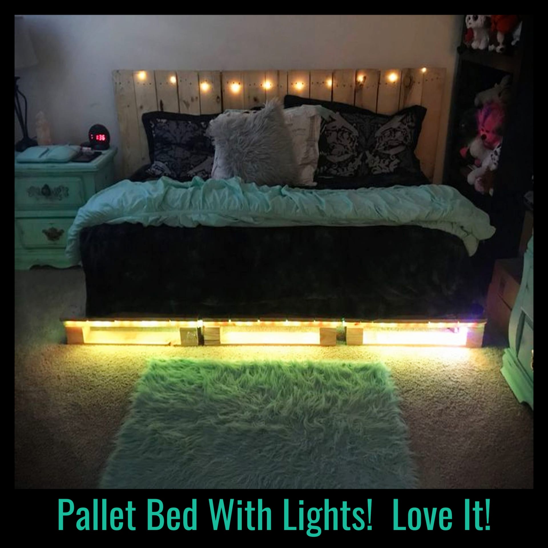 Pallet projects - easy DIY pallet furniture projects - Pallet bed with lights!  How to make a pallet bed and other simple pallet projects to make or sell for beginners