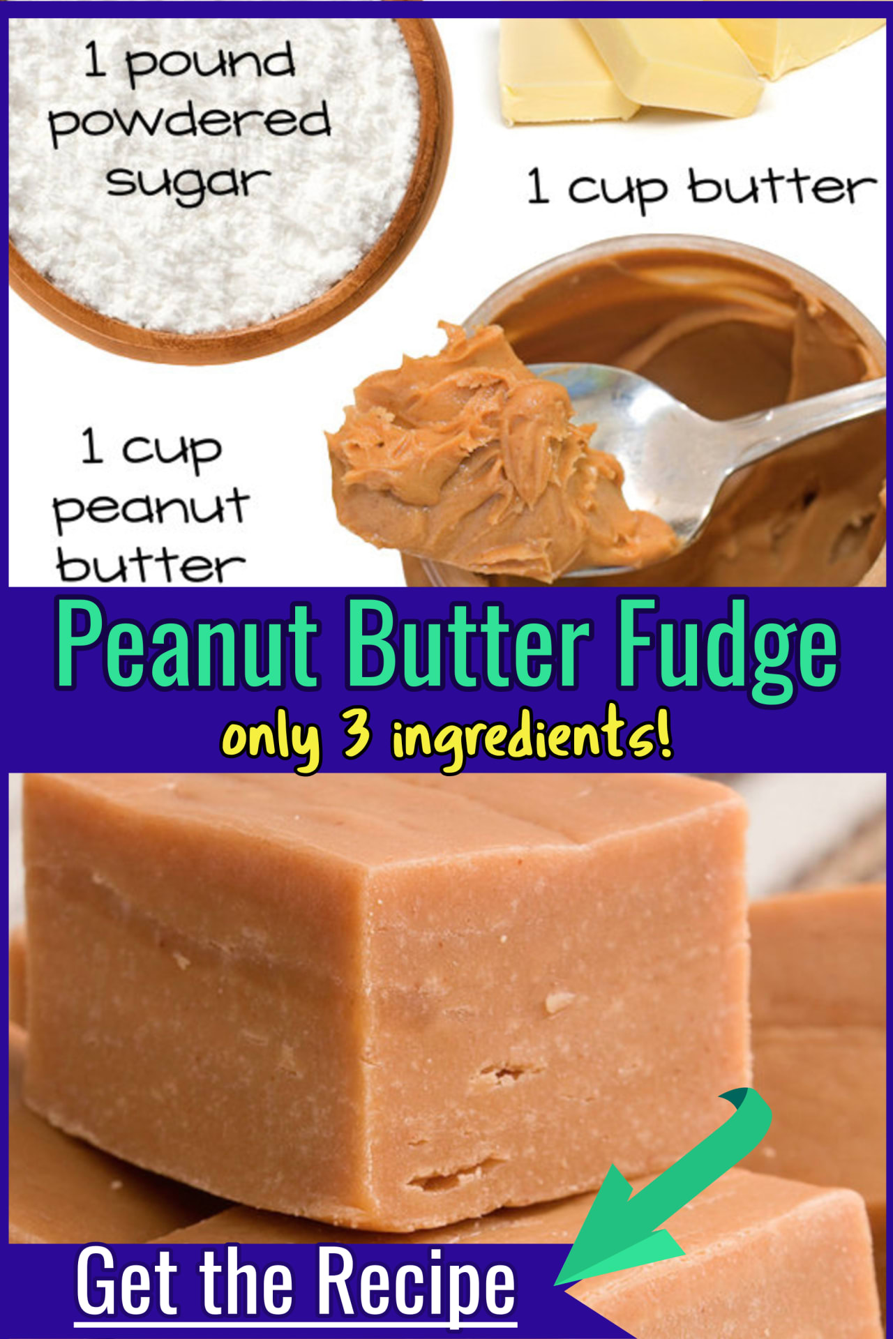 Peanut Butter Fudge Recipe - Best EASY peanut butter fudge recipe with 3 ingredients cooked in microwave WITHOUT condensed milk - easy holiday party dessert ideas and sweet treats for a crowd