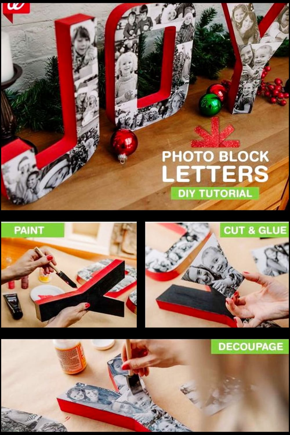 Wooden letter photo collage ideas and tutorials - how to make a picture collage on wood letters or on cardboard.  Super creative letter picture collage ideas like this Christmas wooden word photo collage to give as a handmade Christmas gift or to decorate your house in the Holiday spirit this Christmas