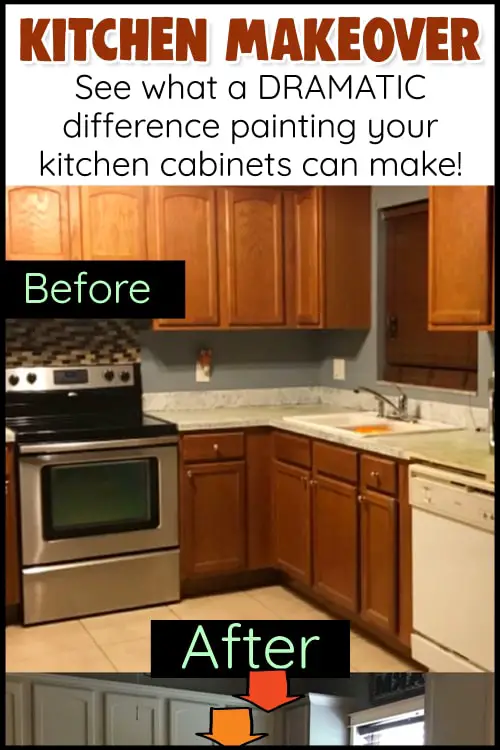 Small kitchen makeover before and after painting kitchen cabinets from brown to farmhouse gray
