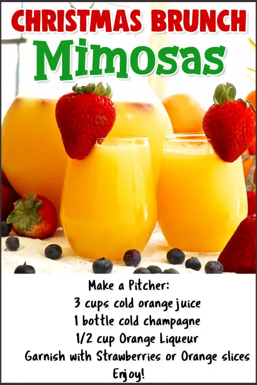 Christmas Brunch Mimosas Recipes - Breakfast drinks with champagne.  Breakfast drinks with alcohol in a pitcher!  This brunch punch recipe is perfect for the grown ups on Christmas morning, New Years Day or ANY brunch party when you're making punch for a crowd. Easy breakfast drinks with orange juice - Christmas cocktails and breakfast cocktails. One the best champagne drinks recipes ever! So easy too! Lots more brunch drinks and punch recipes for a large group on this page!