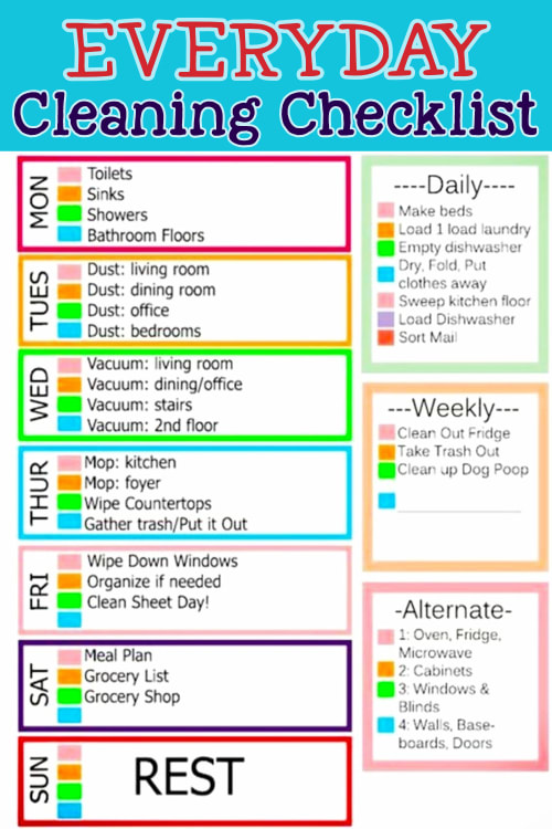 Everyday cleaning list and more cleaning schedules and checklists