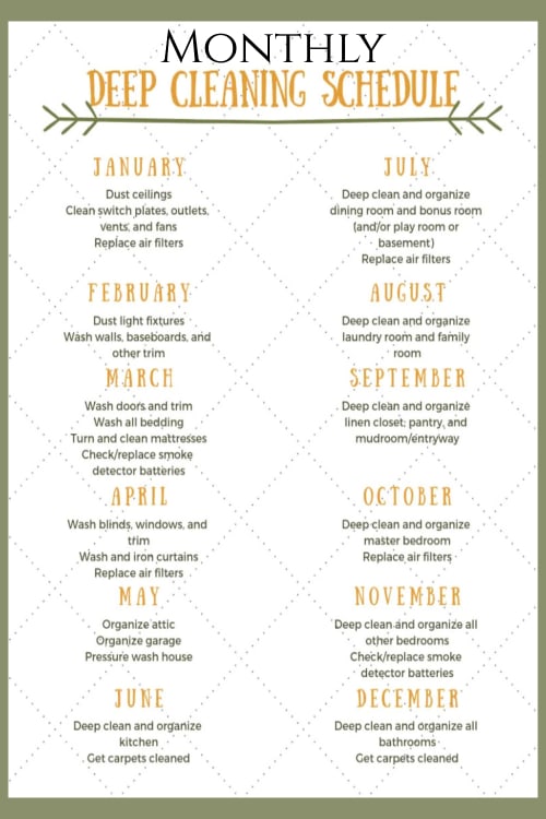 Monthly house cleaning schedule and monthly housekeeping schedule to deep clean your house (printable)