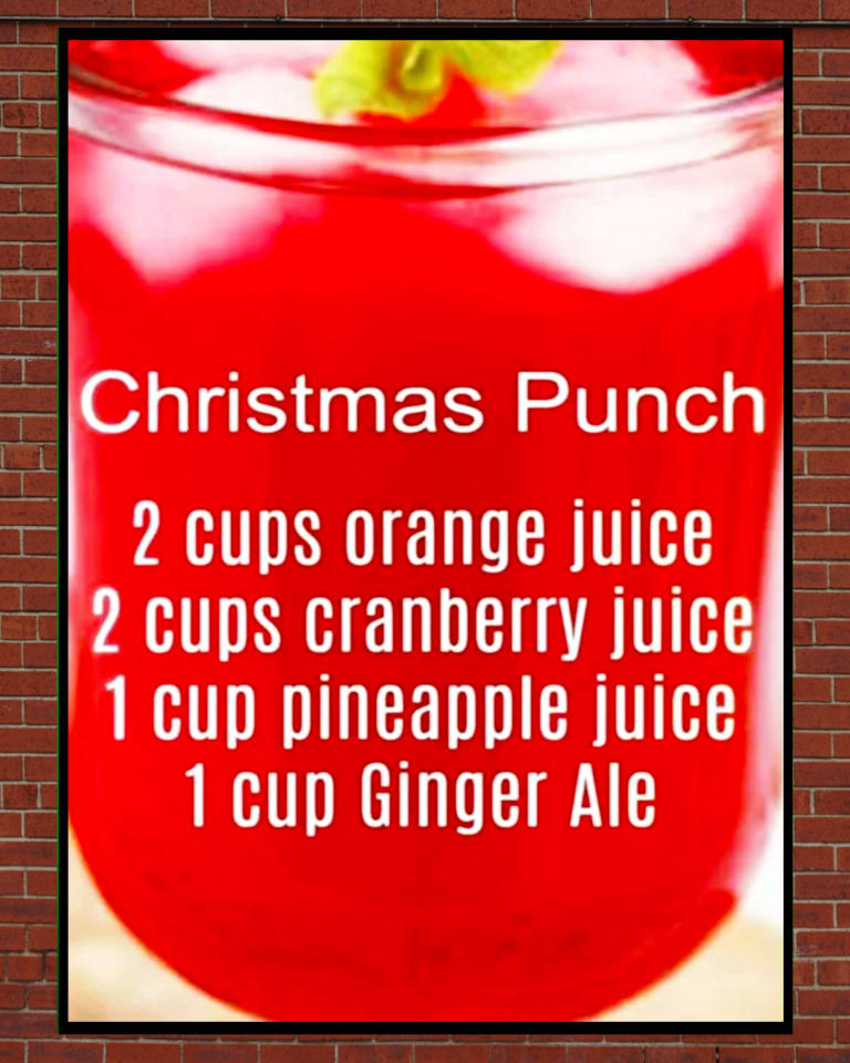 Christmas punch recipe for Christmas morning or any Holiday party - only 4 ingredients (orange juice, cranberry juice, pineapple juice and ginger ale) From: Punch To Make For Parties-11 Simple Easy Punch Recipes For a Crowd
