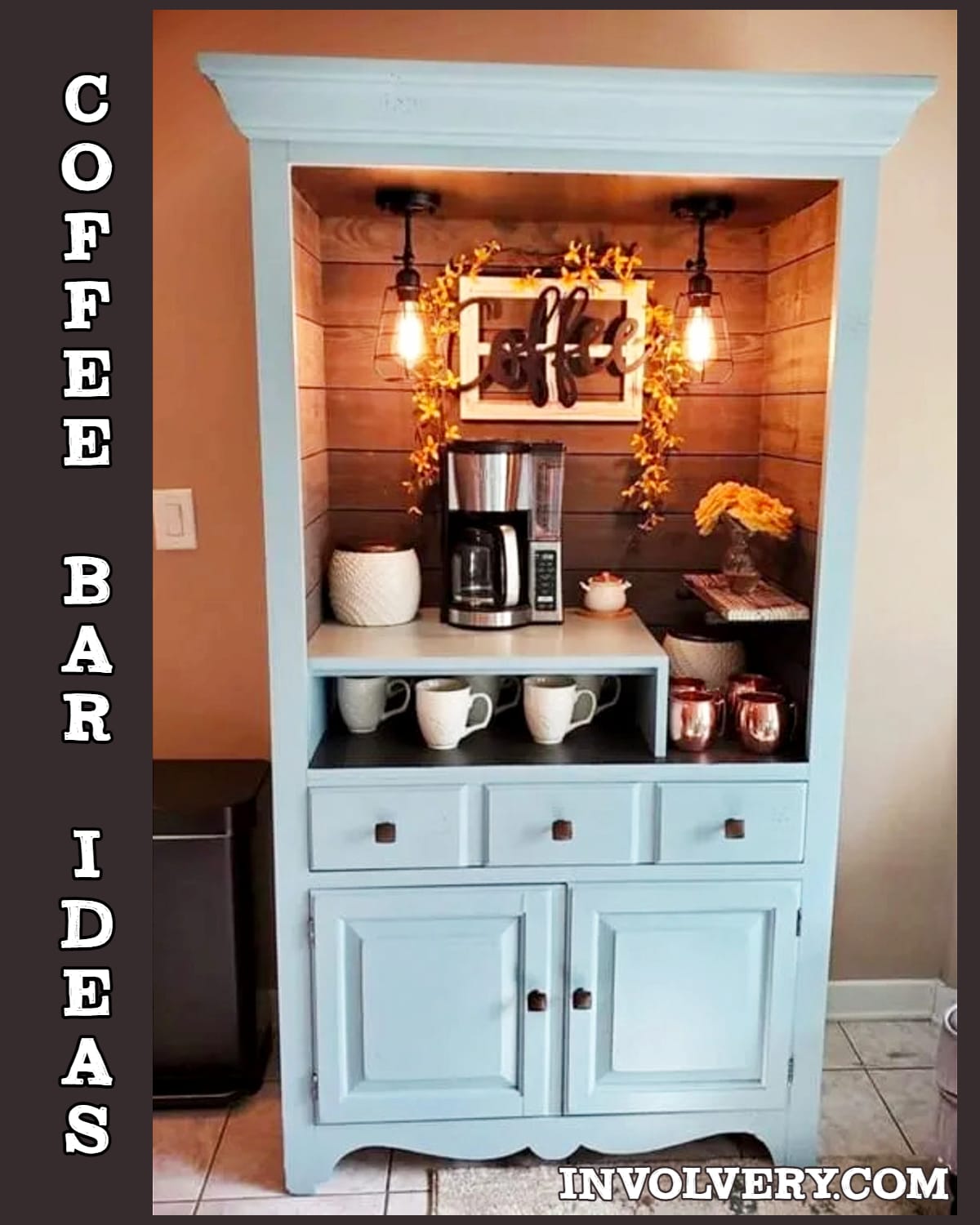 Upcycled Armoire Into a Coffee Bar  - Unique way to make a coffee bar for home - turn an old tall dresser, armoire or hutch into a repurposed / refurbished coffee bar for your kitchen or dining room - Gorgeous vintage rustic farmhouse look from an old chest cabinet