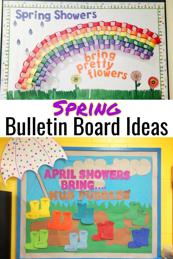 Spring bulletin board ideas - April showers and pretty flowers rainbow bulletin boards