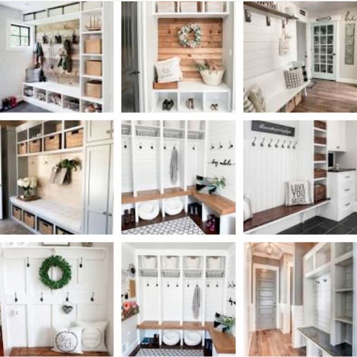 Mudroom ideas - small sample of the mud room ideas and pictures you'll find on this page. For rustic farmhouse and modern farmhouse decor themes and aesthetic