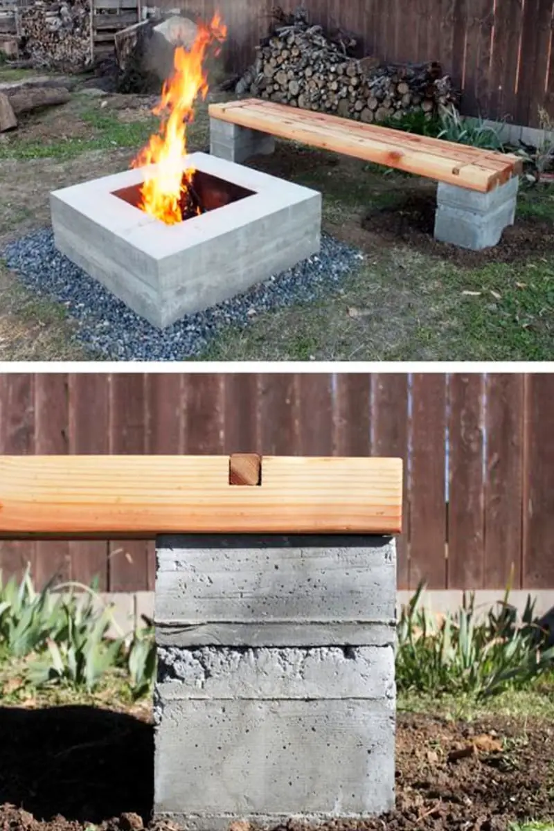Square backyard fire pit with cheap DIY concrete block seating