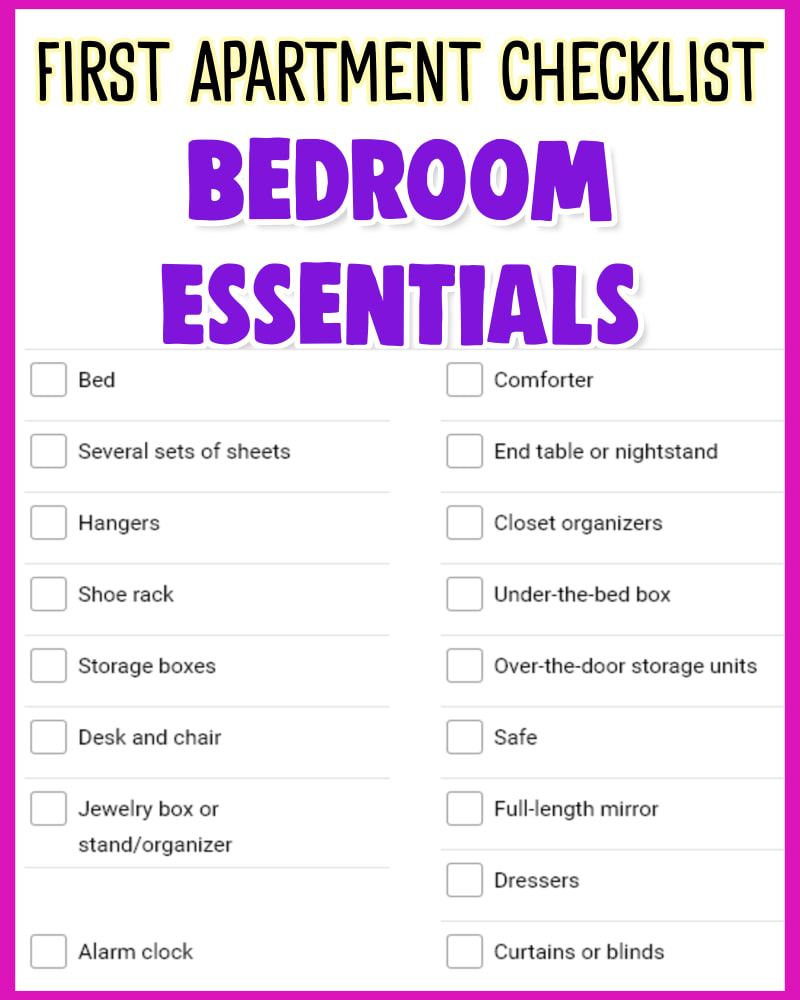 First Apartment Checklist-Bedroom Essentials for 1st apartment rental at college - printable pdf must haves and packing lists