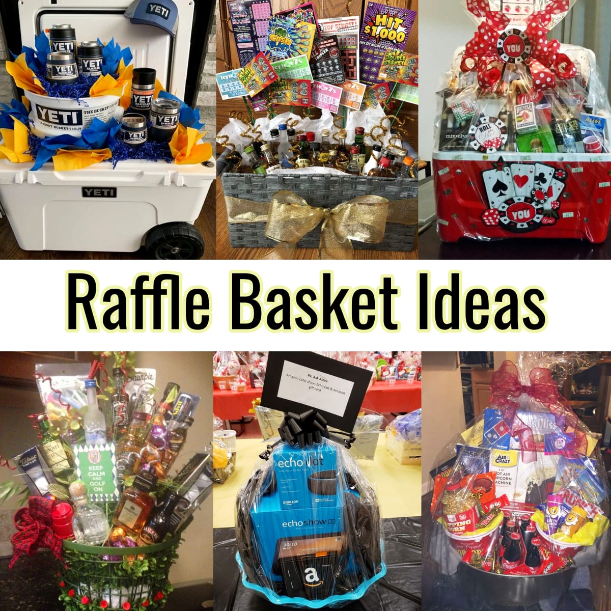 raffle basket ideas for fundraiser, benefits, adult silent auctions at school, church or work, jack and jill raffle, tricky tray basket ideas for penny auction basket raffles and other charity event - lottery ticket, fall, beach, coffee, baking, outdoor, candy, fitness, camping, wine cooler, date night, lottery scratch off ticket, YETI cooler and more themed creative silent auction items and pictures of raffle basket ideas