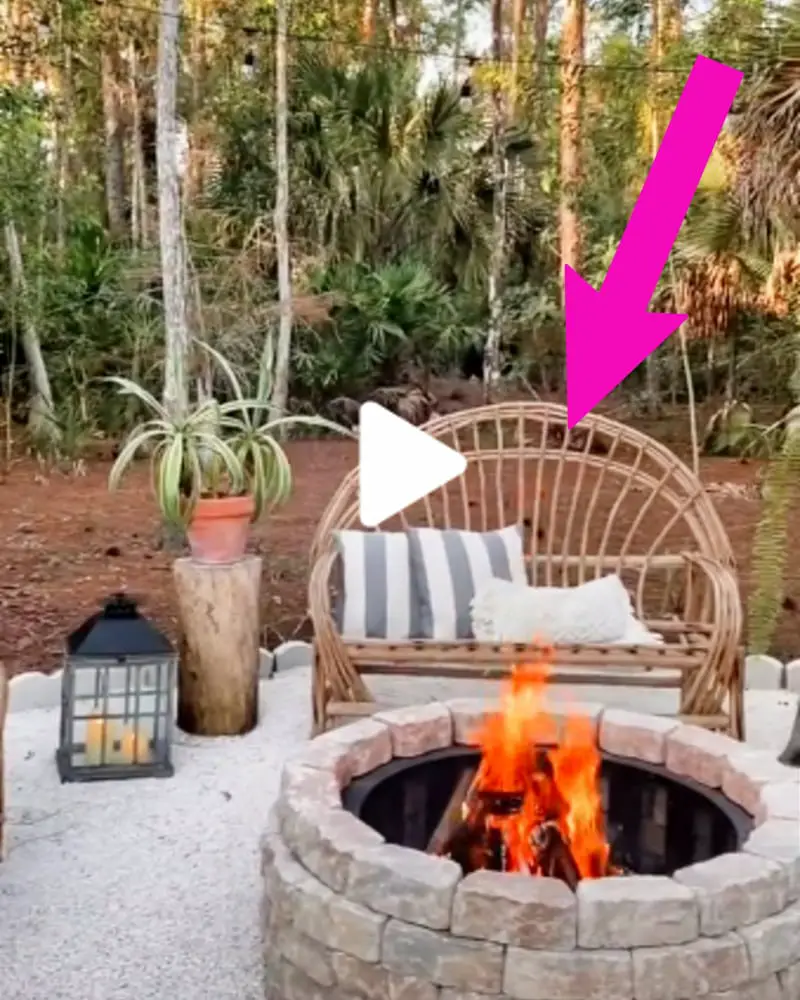 unique fire pit seating ideas - cheap wicker love seat bench with plants on stumps a decor latern and bright white gravel on the ground - so aesthetic and an easy do it yourself project for your backyard